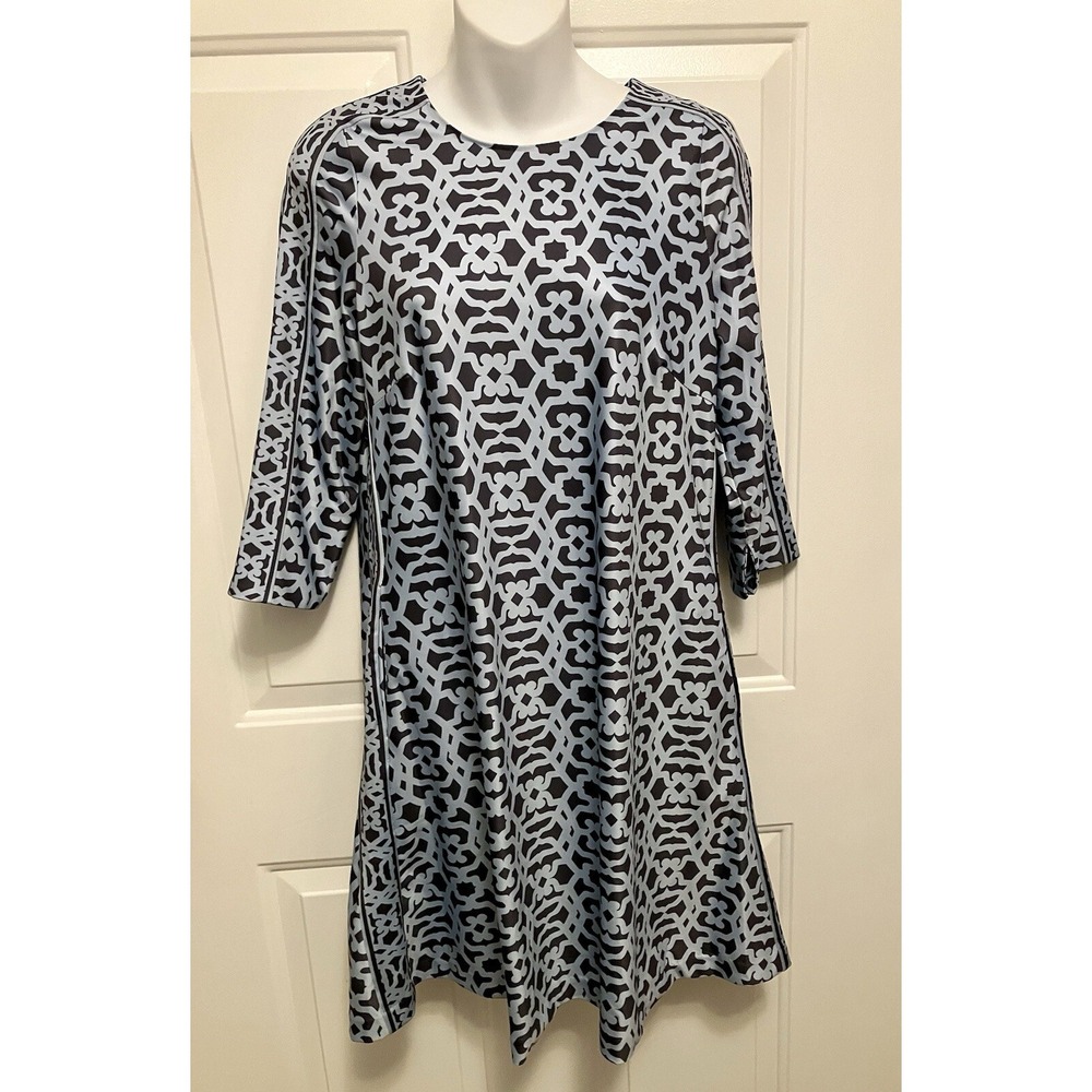 Gretchen Scott‎ Geometric Knit  Boho Shift Dress Keyhole Back Tie Sz XS Blue